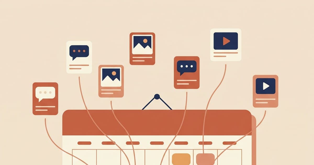 Flat illustration of a calendar with 14 days of posts mapped out