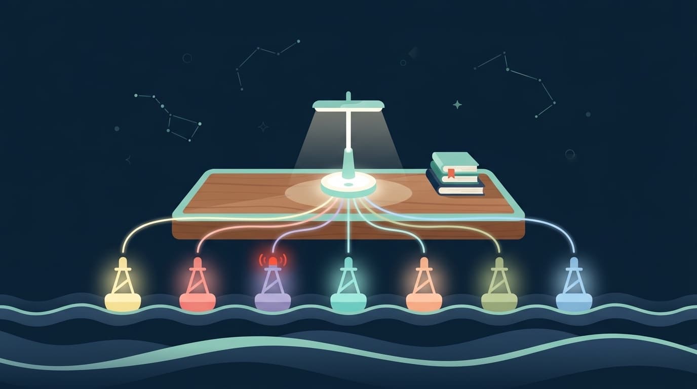 Flat illustration of scattered ad charts flowing into one organized dashboard screen on an author's desk