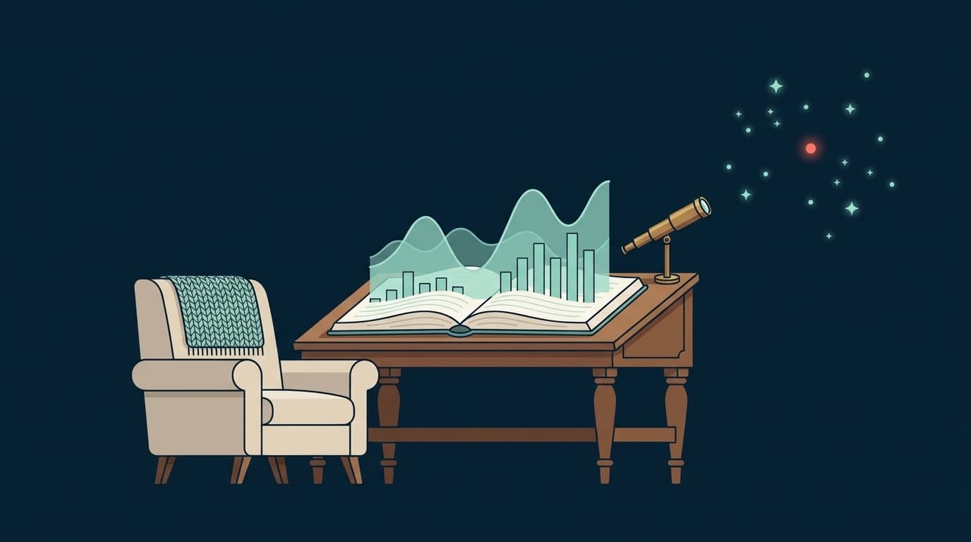 Flat illustration of an author reviewing friendly book-shaped charts and heatmaps on a wall