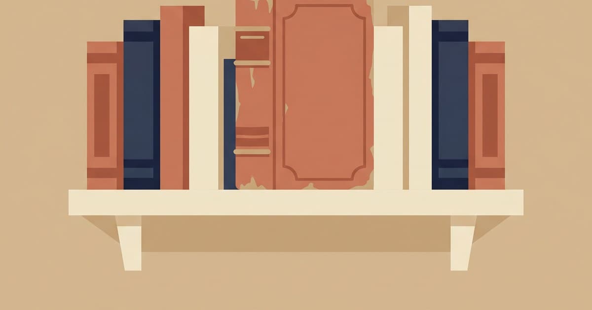 Flat illustration of a shelf of books with soft glowing arrows rising from an older volume