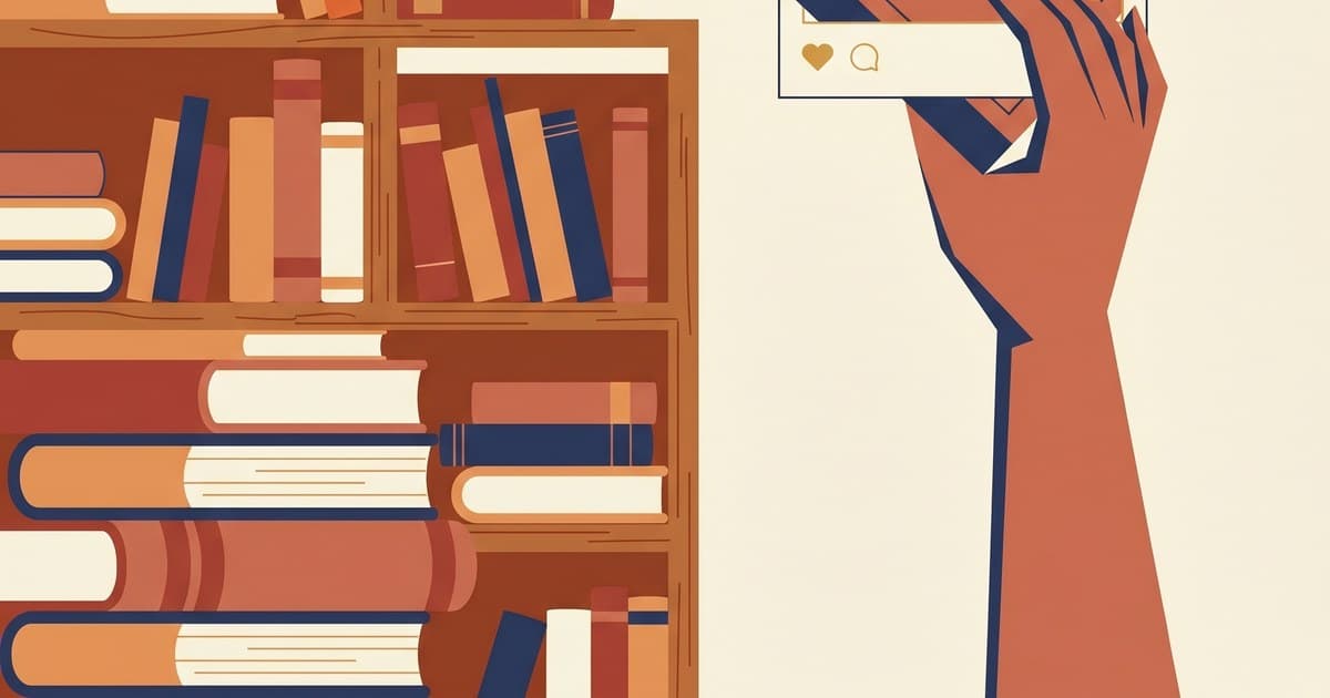 Flat illustration of a book being lifted from a library shelf into a social post frame