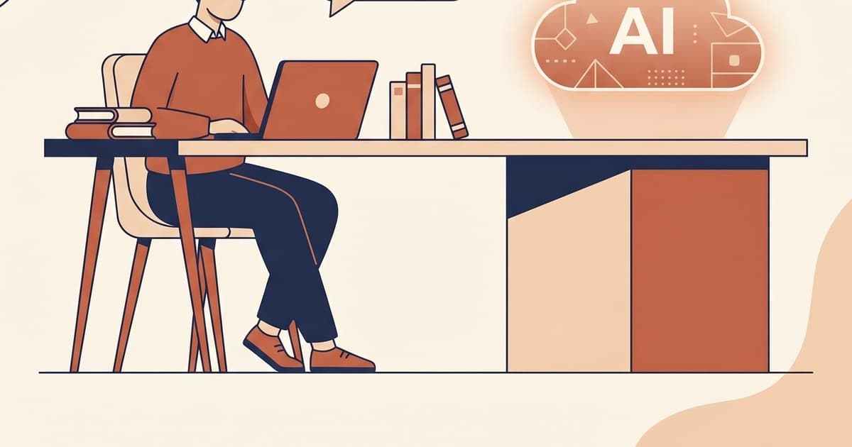 Flat illustration of an author and an AI passing task bubbles across a desk