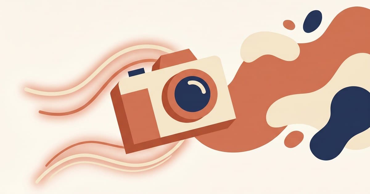 Flat illustration of a small camera with motion trails next to a palette of color swatches