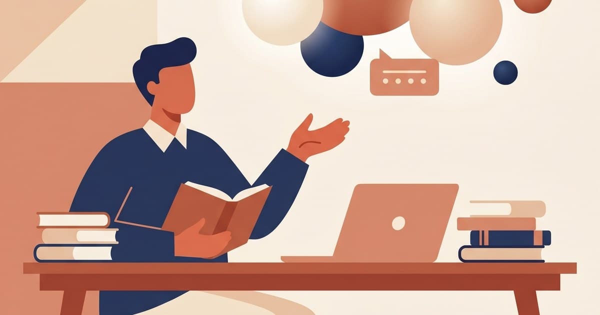 Flat illustration of an author chatting with an AI assistant over their desk