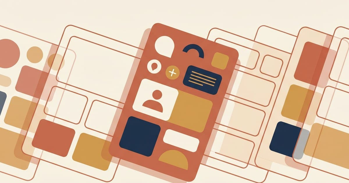 Flat illustration of repeating template cards stacked with one highlighted and filled in