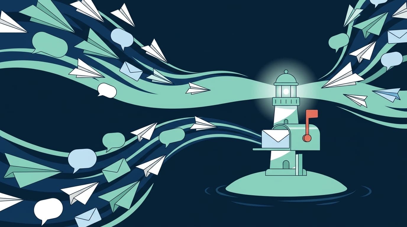 Flat illustration of message bubbles from many platforms funneling into a single inbox tray on an author's desk