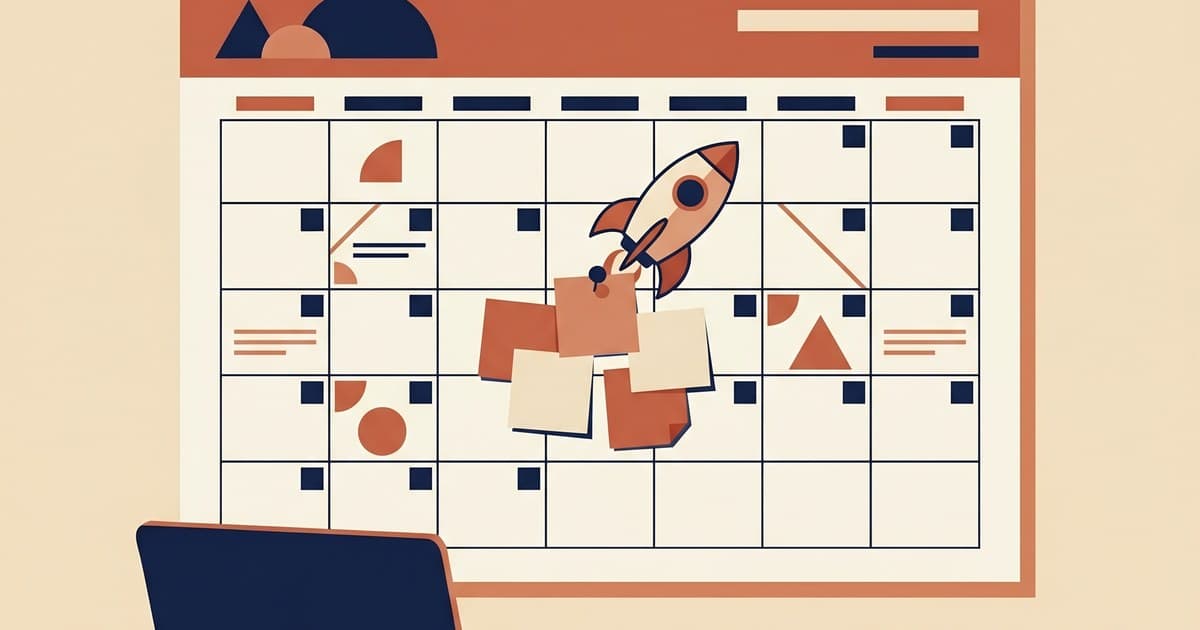 Flat illustration of a planning wall calendar with launch-day sticky notes clustered around a central pin