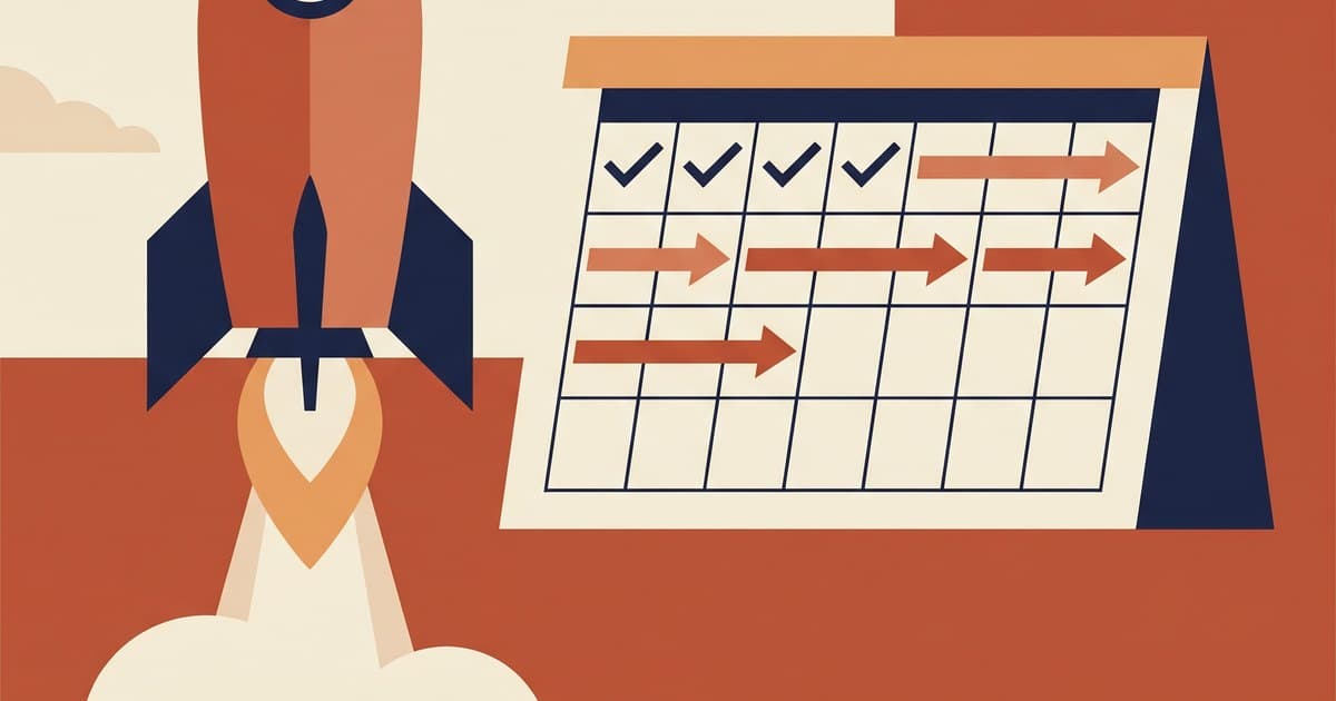Flat illustration of a rocket launching next to a calendar showing the first week checked off