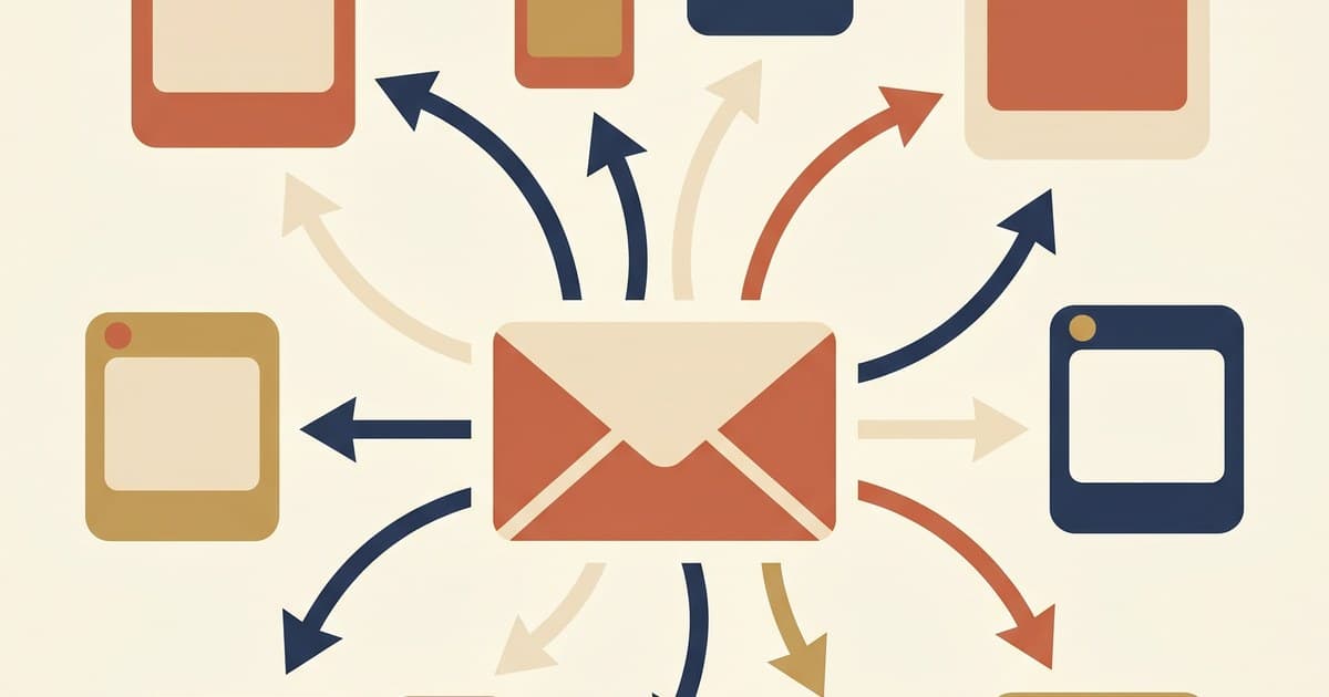 Flat illustration of an envelope with arrows radiating to multiple social post frames