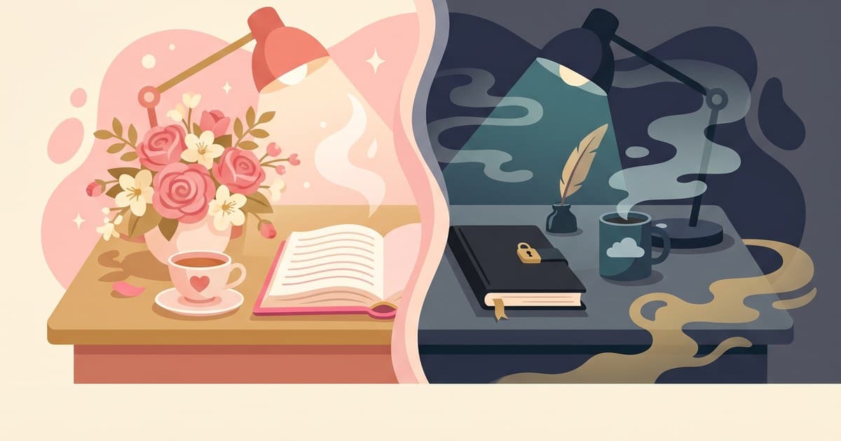 Flat illustration of two side-by-side author workspaces, one romance-themed and one thriller-themed