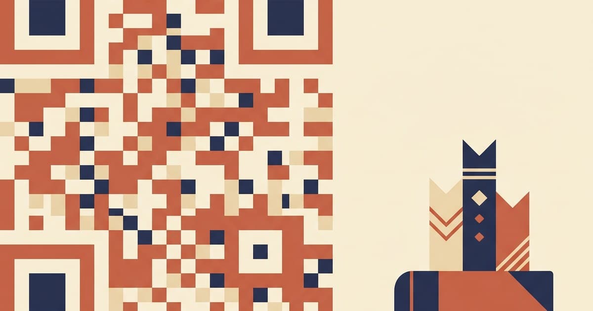 Flat illustration of a decorative QR-style grid next to a bookmark and a book