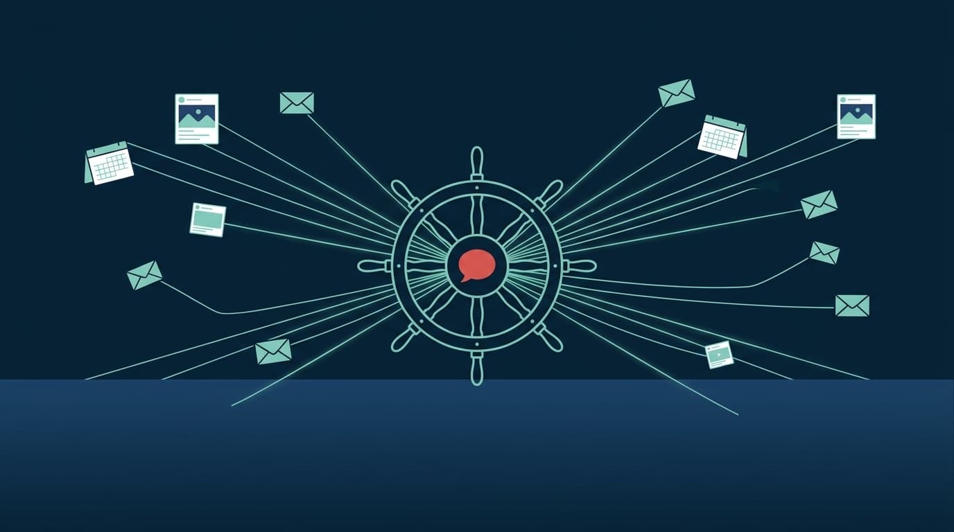 Flat illustration of an author conversing with an AI presence surrounded by orbiting tool icons