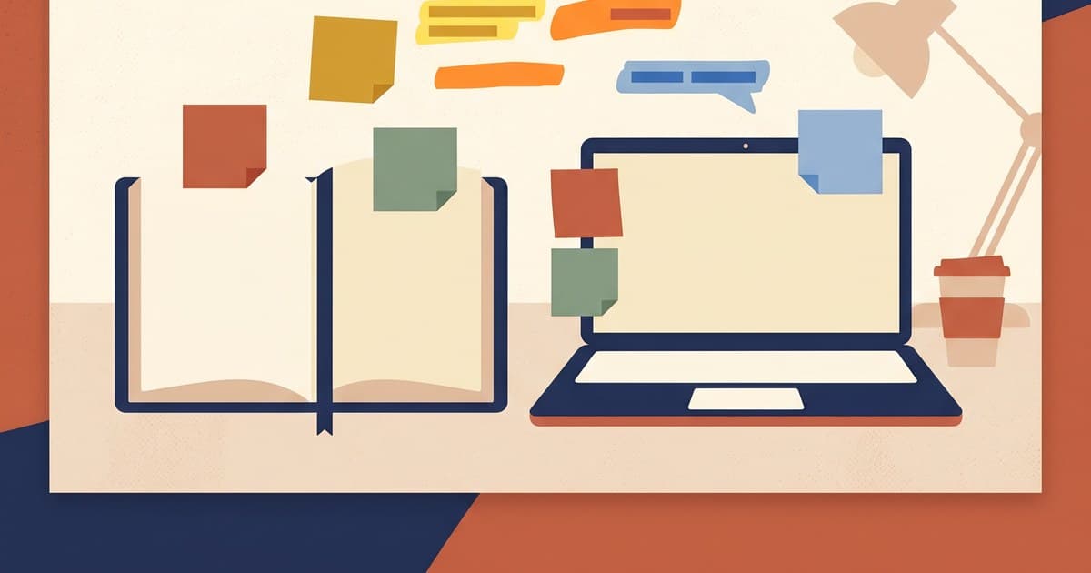 Flat illustration of a notebook and laptop with sticky notes and highlighted words showing brand voice development