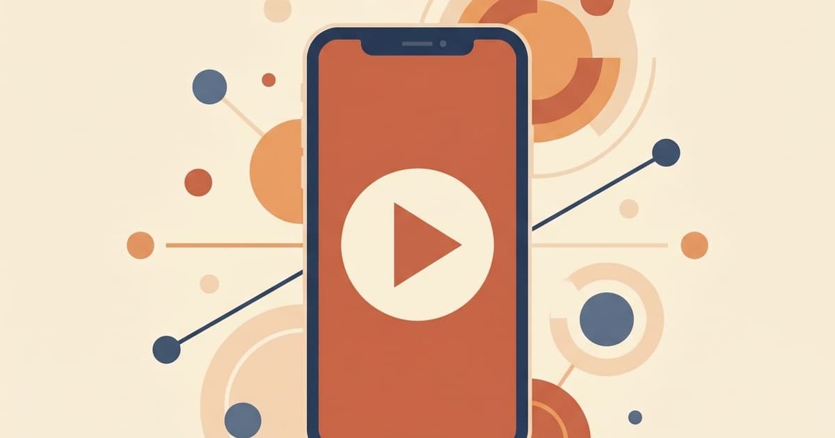 Flat illustration of a vertical phone playing video with soft viral-reach shapes around it
