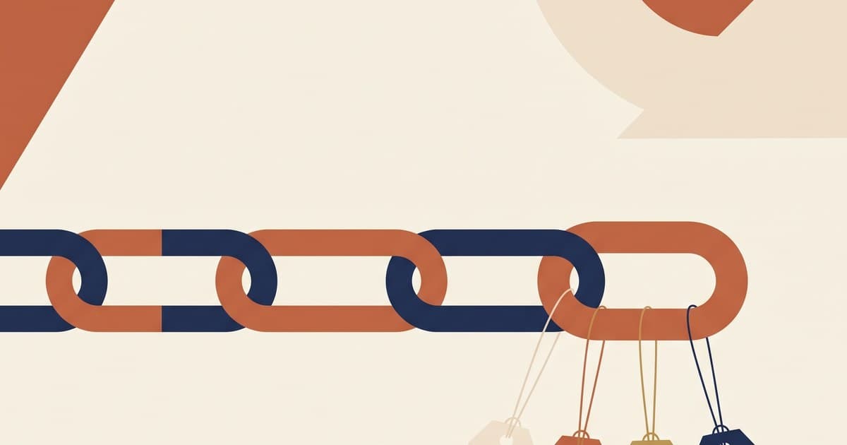 Flat illustration of a URL with small labeled tags hanging off the end