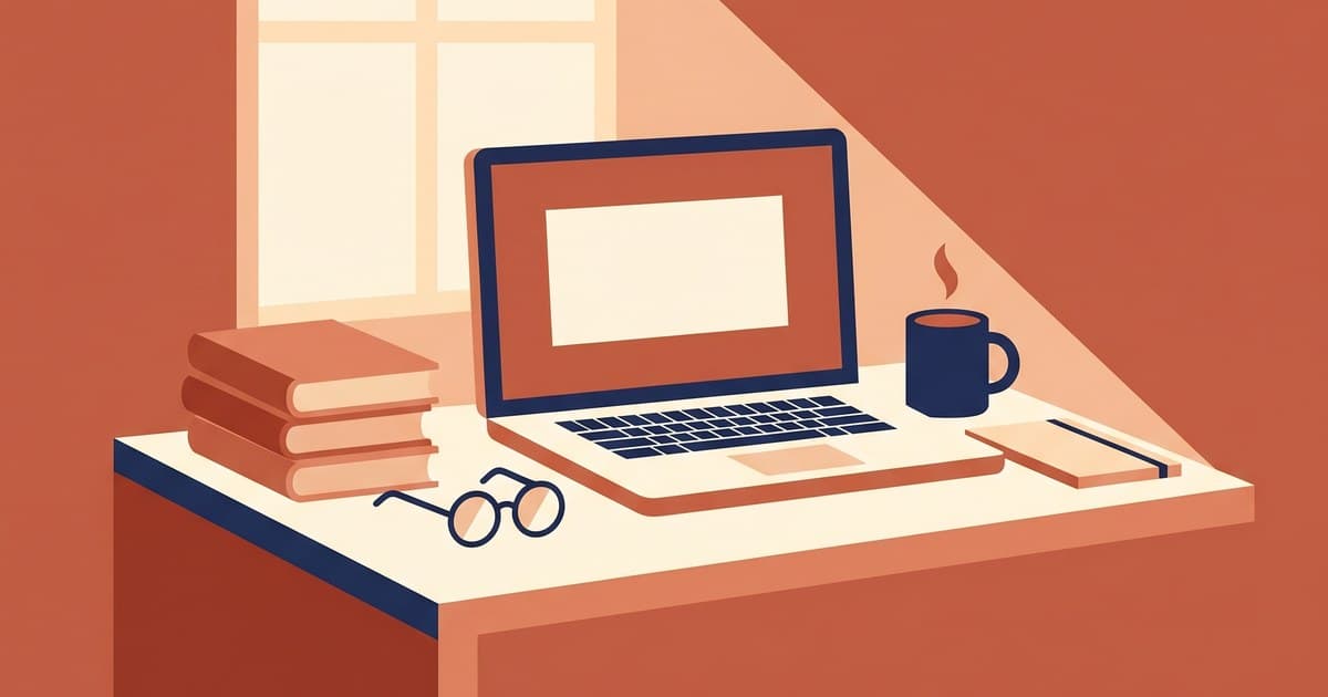 Flat illustration of an author's desk with a laptop, books, and coffee