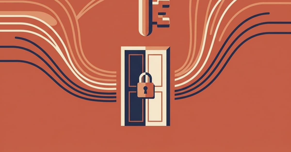 Flat illustration of a key hovering above a small locked door with abstract data flow behind it