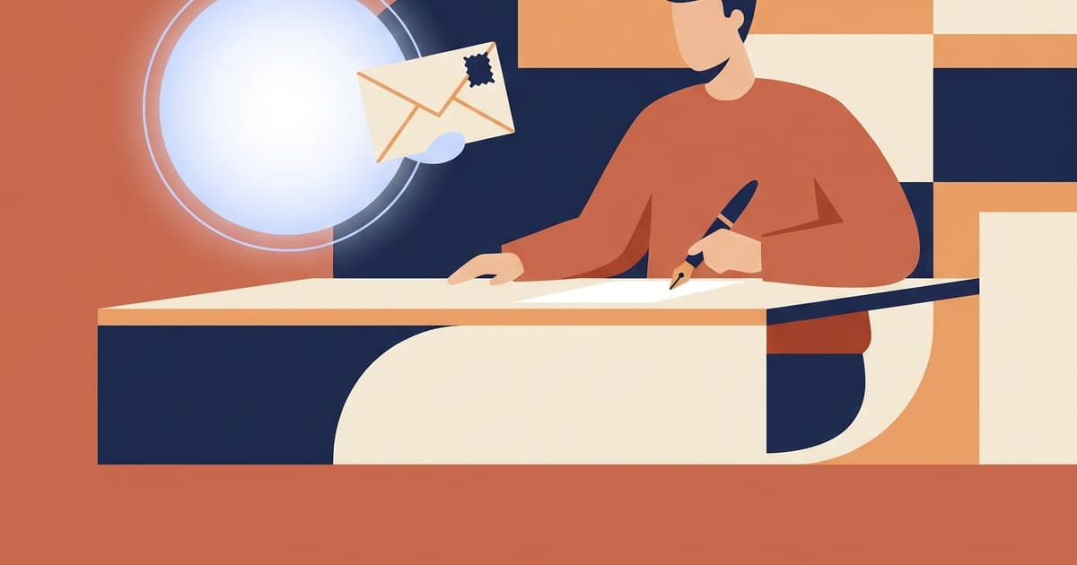 Flat illustration of an author writing with a pen while a friendly AI helper hands over a marketing envelope