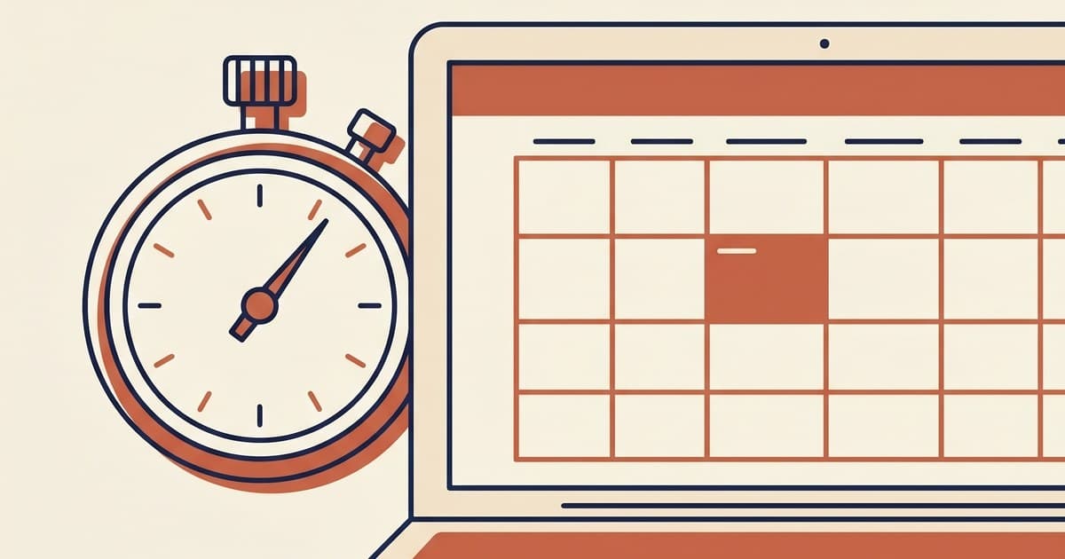 Flat illustration of a stopwatch next to a laptop with one highlighted post on a calendar
